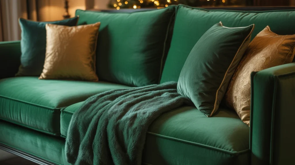 Emerald velvet cushions and gold accent pillows adding texture and warmth to a cozy holiday living room setup.