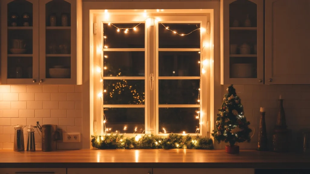 Warm white fairy lights framing a kitchen window, creating cozy holiday window lighting and cheerful Christmas ambiance.