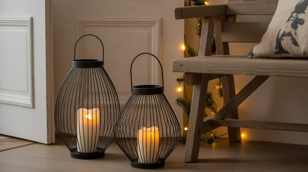 “Farmhouse lanterns with warm LED candles creating a cozy Christmas entryway”