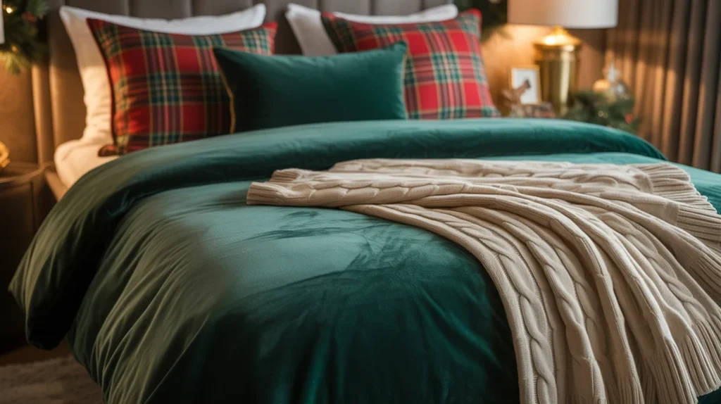 Festive bedding with velvet and plaid fabrics creating a warm holiday guest bedroom