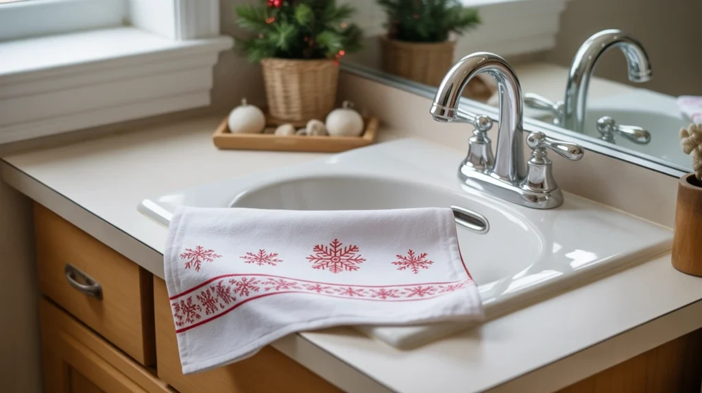 Neatly folded Christmas hand towel by the sink with subtle snowflake patterns and cozy textures.