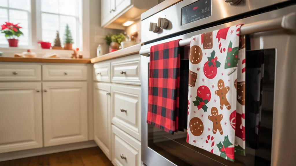 Festive Christmas dish towels hanging on oven handle in a bright holiday kitchen