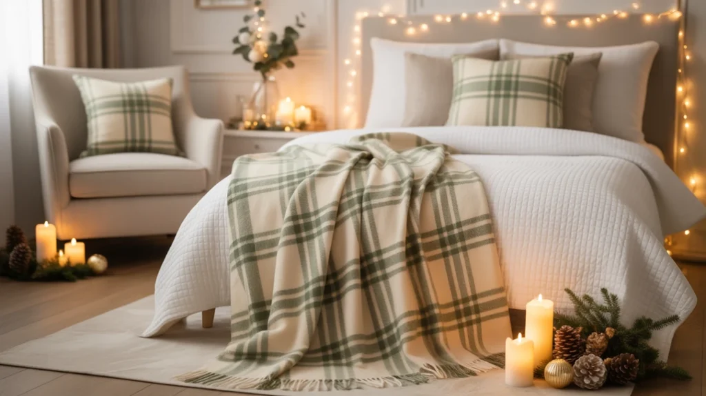 Festive throw blanket in plaid and faux fur adding warmth to Christmas bedroom decor