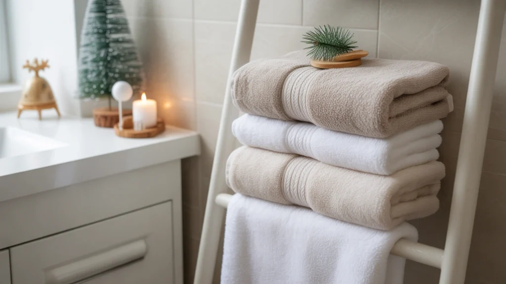 fluffy white towels stacked for a cozy spa-like winter bathroom look