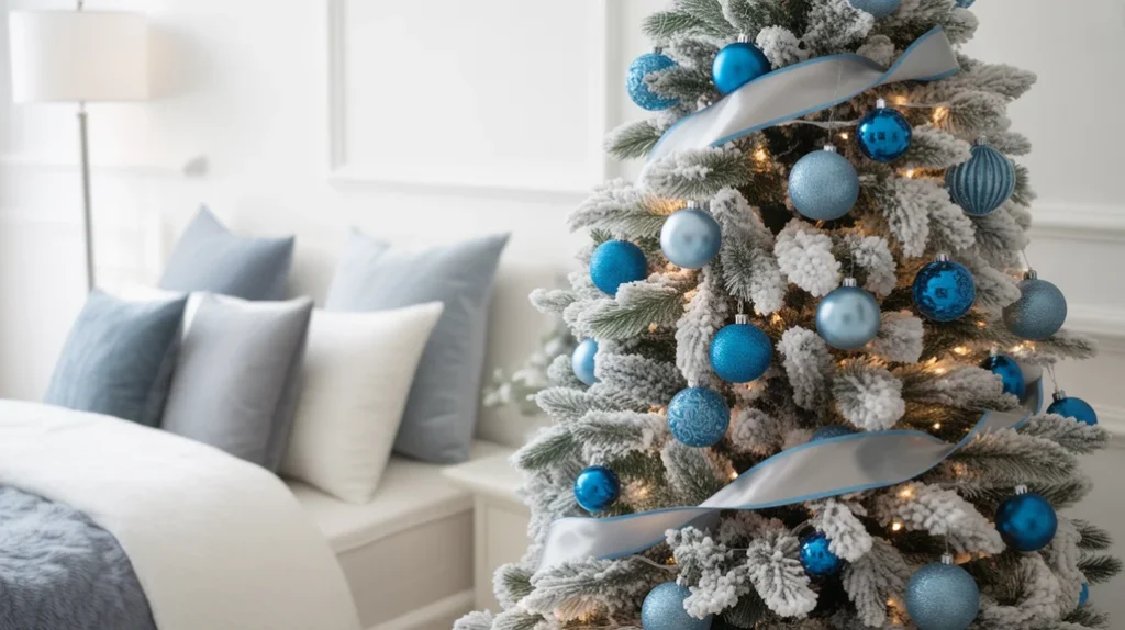 Frosted Christmas tree with blue and silver ornaments and twinkling lights in a winter-themed bedroom.
