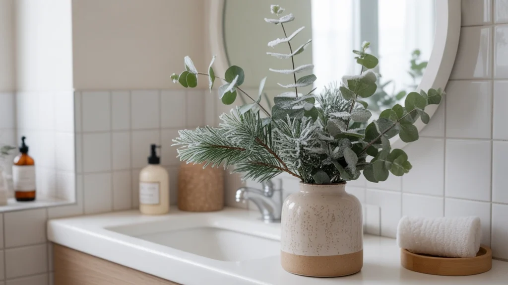 frosted greenery and pine branches styled in a nordic winter scandinavian christmas bathroom