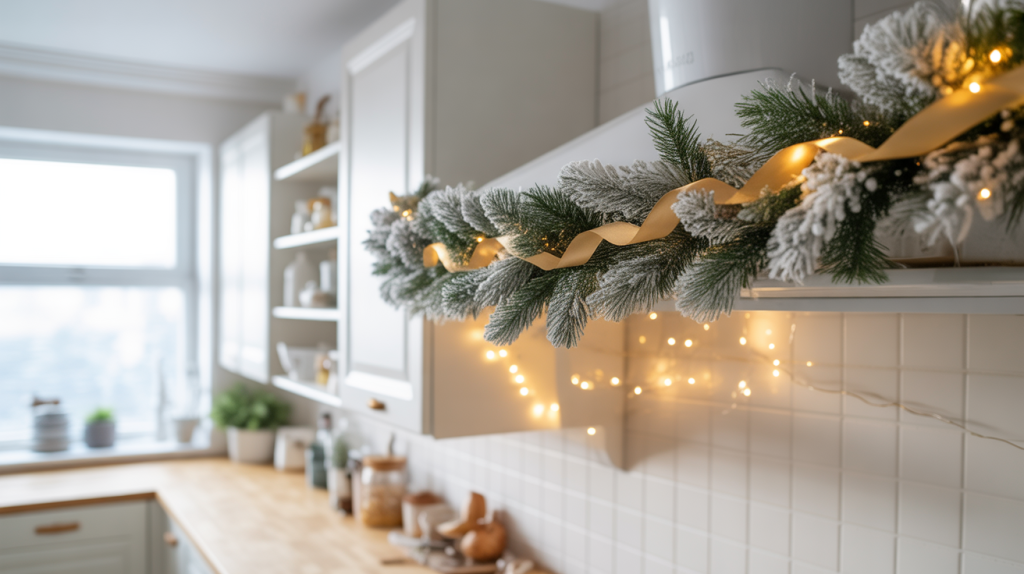 Frosted white garland with gold ribbon and fairy lights draped on kitchen shelves for a bright and sophisticated Christmas style.