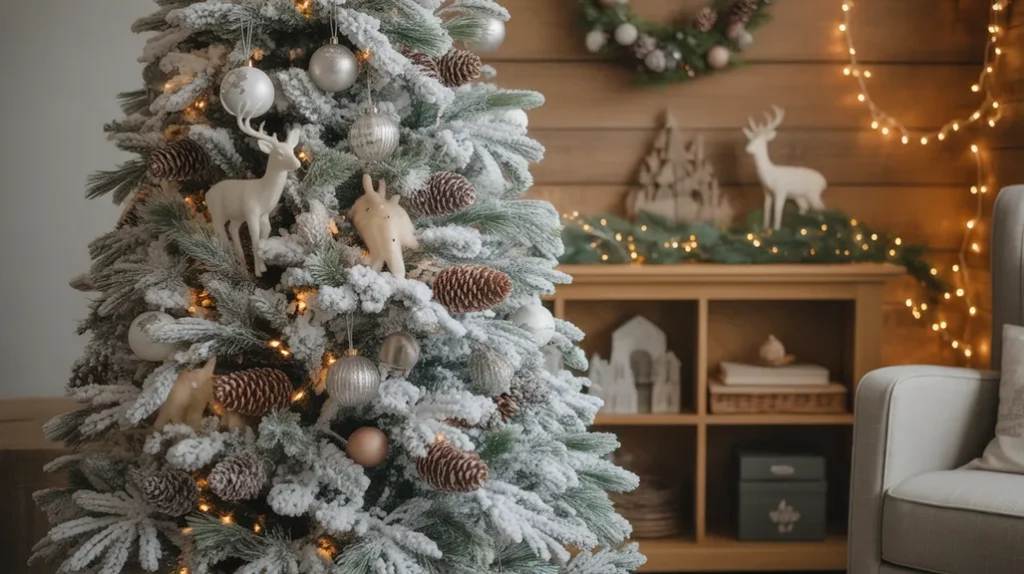 Frosty Woodland Whimsical Christmas Tree with pinecones, owls, and snowy forest decorations