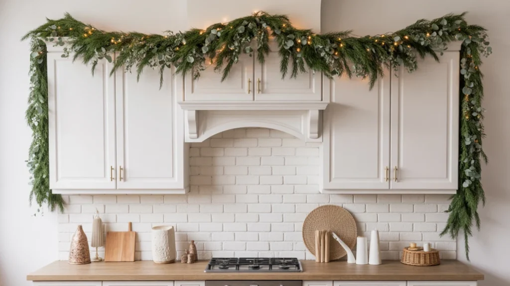 Pine garland with fairy lights draped above kitchen cabinets creating a natural and cozy Christmas feel