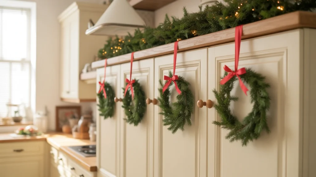 Pine garlands and small wreaths with red bows hanging on kitchen cabinets for a classic holiday kitchen decoration.