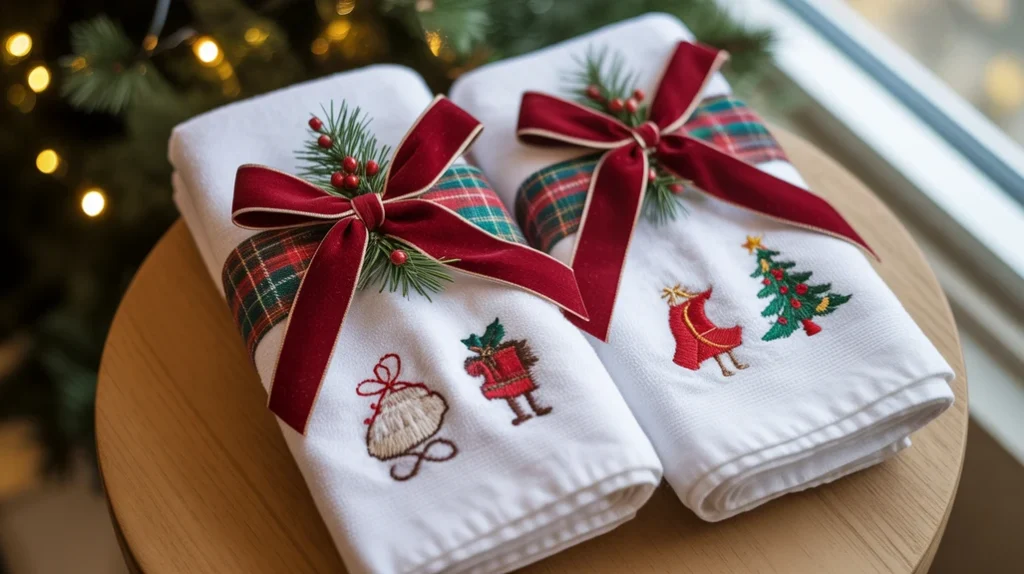christmas towels decorated with velvet ribbon bows for a gift-wrapped holiday style