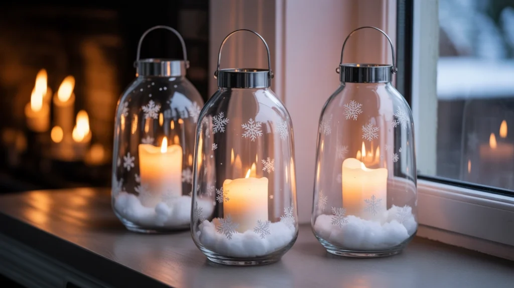 Glass Christmas lanterns filled with faux snow and glowing candles for elegant winter home lighting.