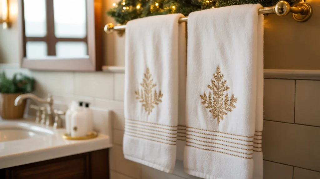 white and cream towels with gold christmas embroidery hanging in a cozy bathroom