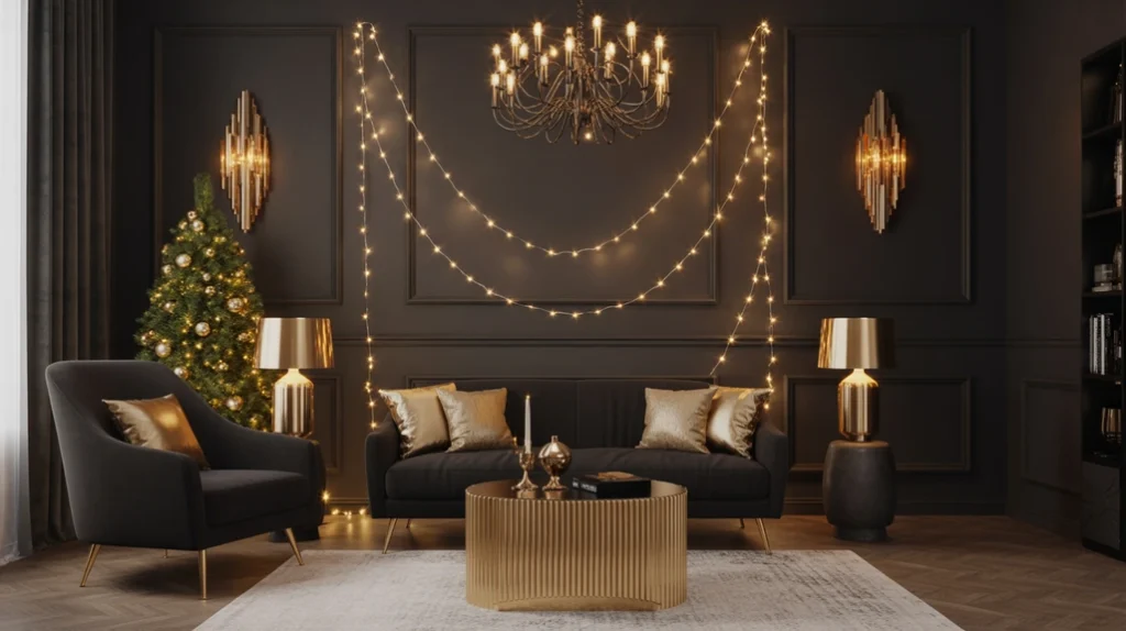 Gold Christmas lighting in a modern black and gold living room with warm festive glow.