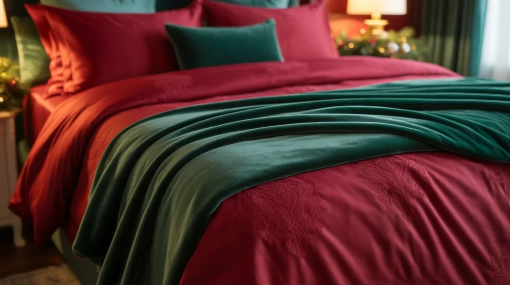 Emerald green throws and velvet pillows layered over red bedding for a balanced Christmas bedroom look