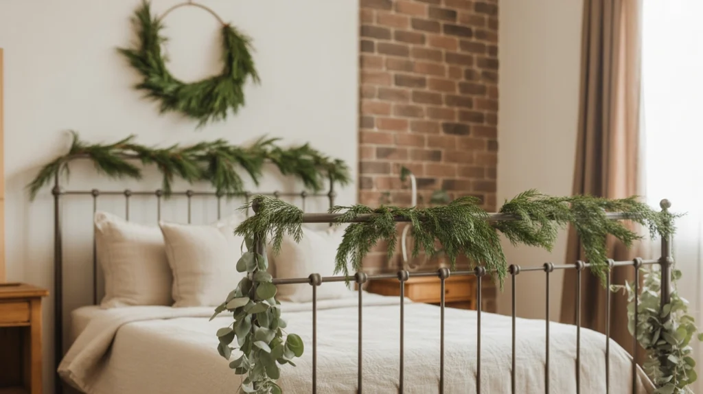 Pine branches and eucalyptus garlands adding natural festive charm to rustic modern bedroom decor