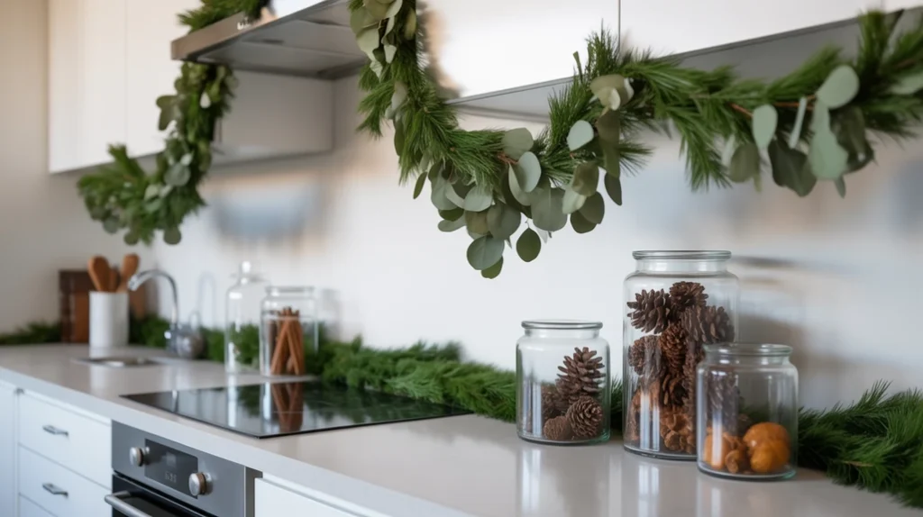 Modern holiday kitchen with fresh greenery, pine branches, and natural Christmas decor