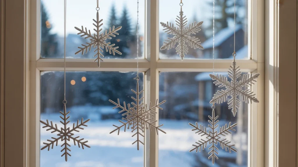 Hanging snowflake ornaments sparkling in sunlight, elegant and simple Christmas window decoration idea.