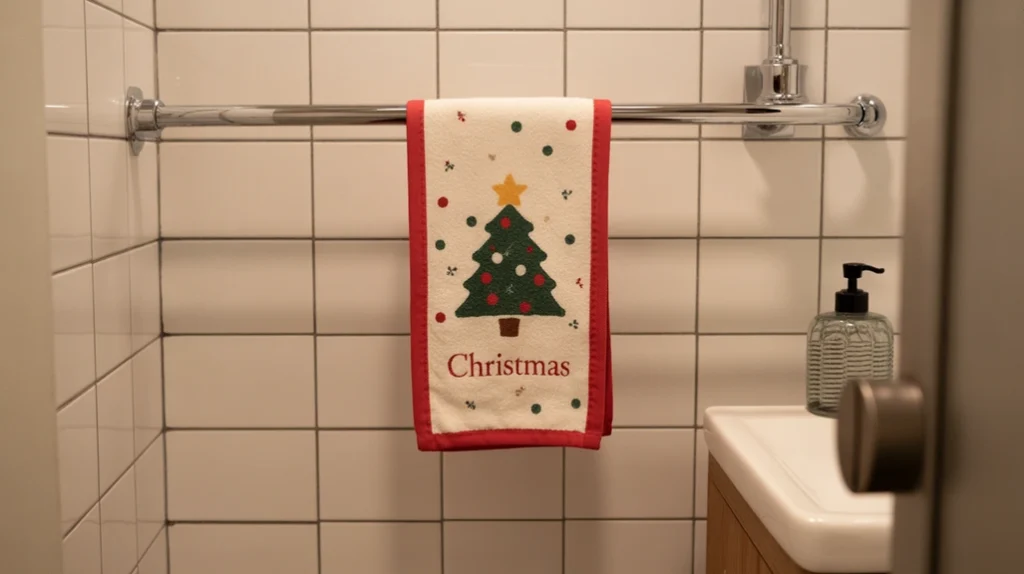 Holiday-themed hand towel adding cozy Christmas color to a small bathroom.
