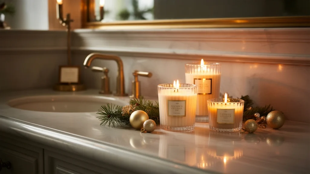 Holiday-scented candles glowing on a bathroom counter with pine sprigs and soft winter lighting