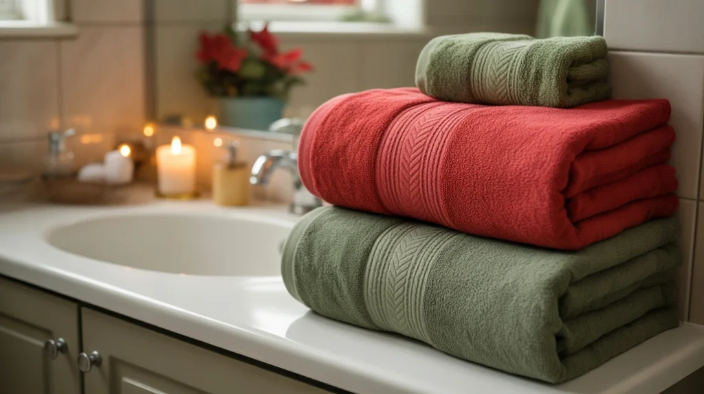“neatly folded green holiday towels hanging in a bright, clean bathroom”