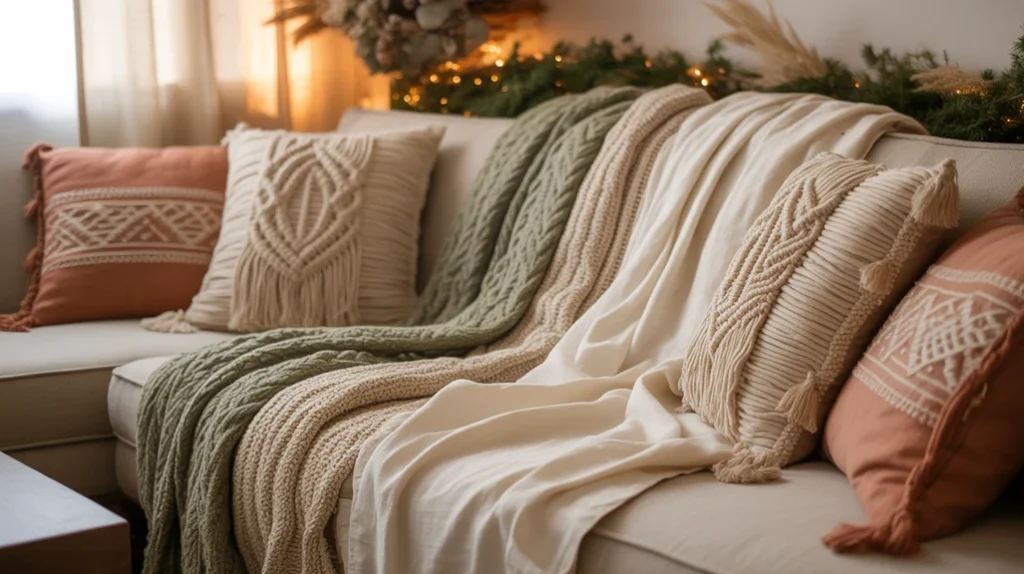 Layered linen, knit throws, and macrame pillows creating relaxed bohemian Christmas bedroom texture