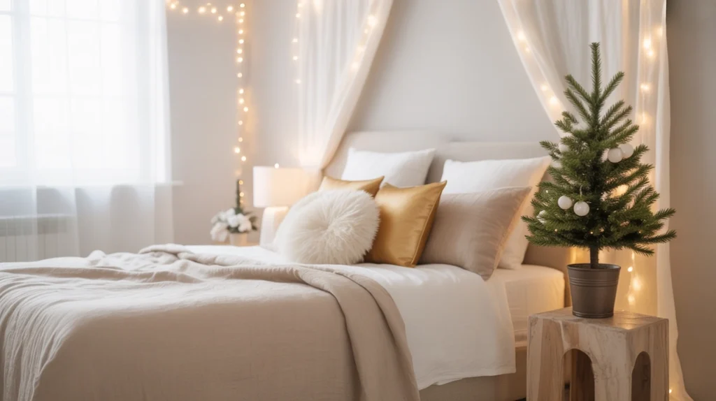 Light color palette with white bedding and gold accents for bright festive apartment bedroom