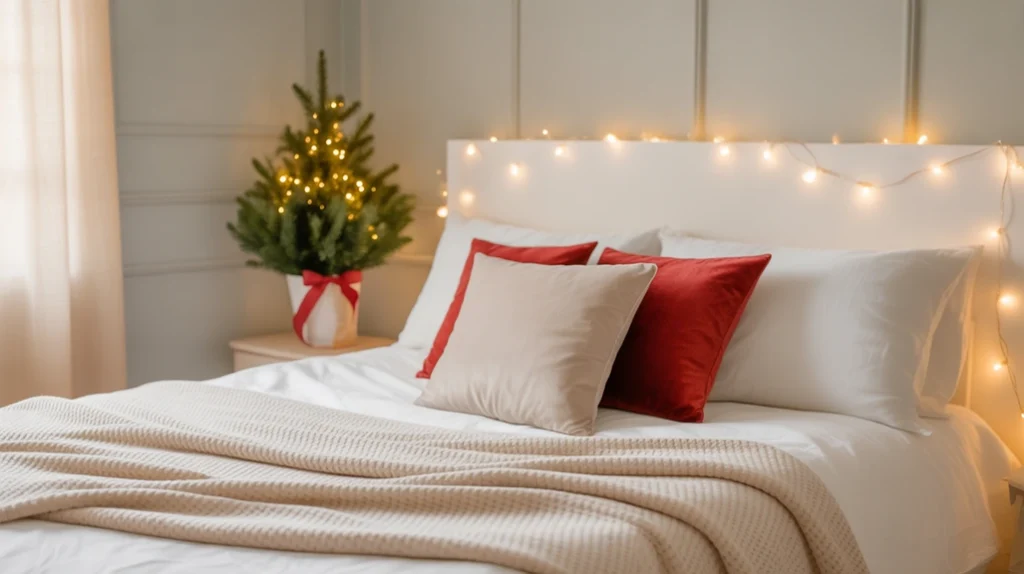 Light color palette with white and blush tones for bright festive small bedroom