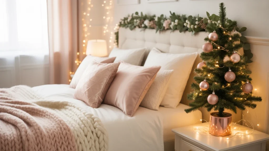 Light color palette Christmas bedroom with blush bedding and airy festive decor