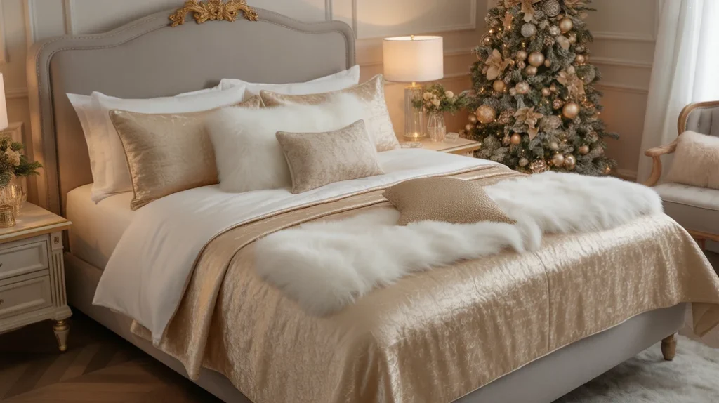 Luxurious Christmas bedding set with velvet and satin layers in gold and ivory tones