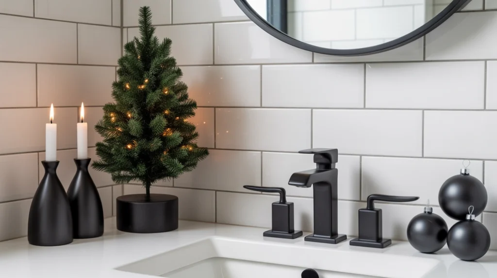 matte black christmas accents adding sleek holiday contrast in a contemporary bathroom