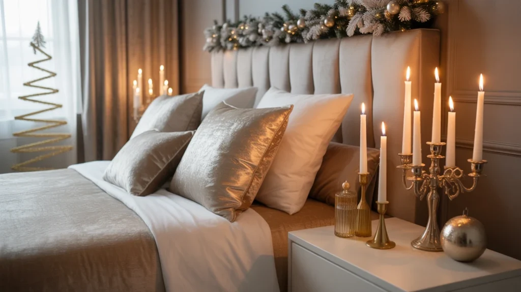 Gold and silver metallic accents adding a chic holiday touch to modern Christmas bedroom decor