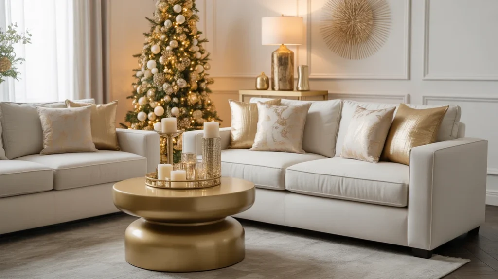 Metallic gold décor accents in a modern living room with white furniture and elegant Christmas styling