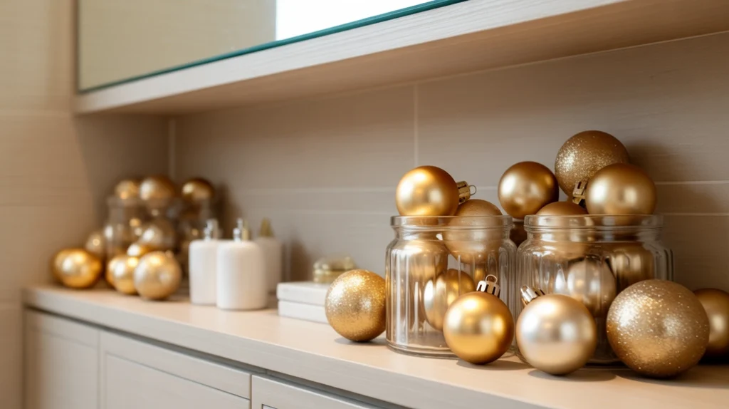 metallic ornaments displayed on bathroom shelves for elegant glam christmas styling
