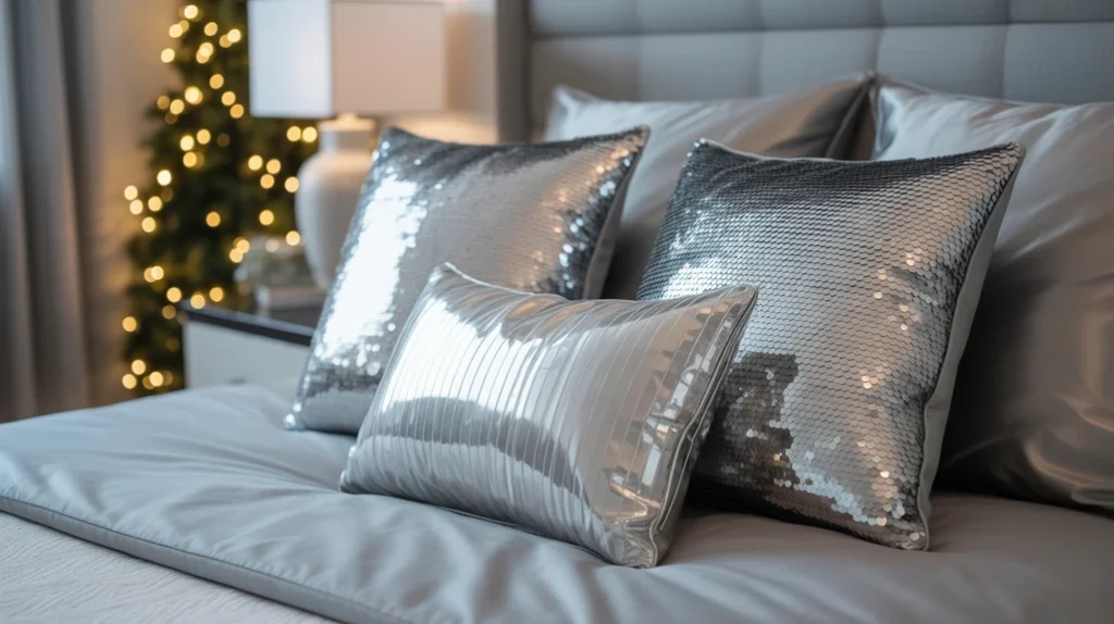 metallic silver throw pillows in satin and sequin textures adding shimmer to chic modern Christmas bedroom decor