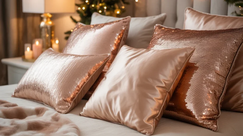 metallic rose gold and champagne throw pillows adding sparkle and texture to elegant Christmas bedroom design