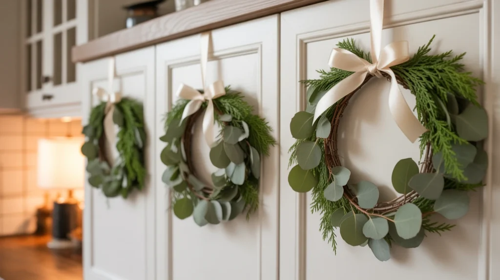 Mini cedar and eucalyptus wreaths hanging on kitchen cabinet doors with festive ribbon