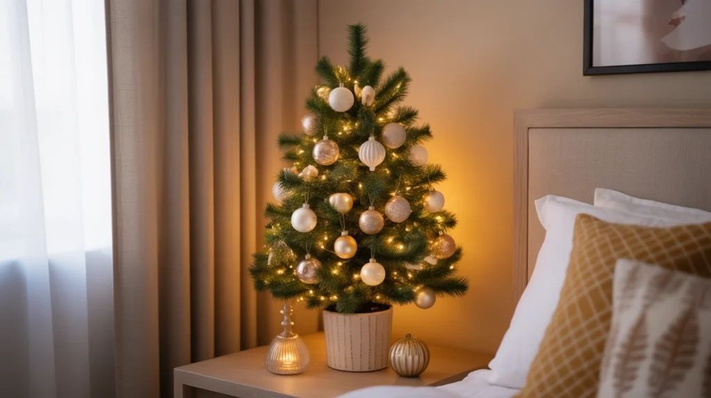 small christmas tree decorated with ornaments and lights in a cozy holiday bedroom corner