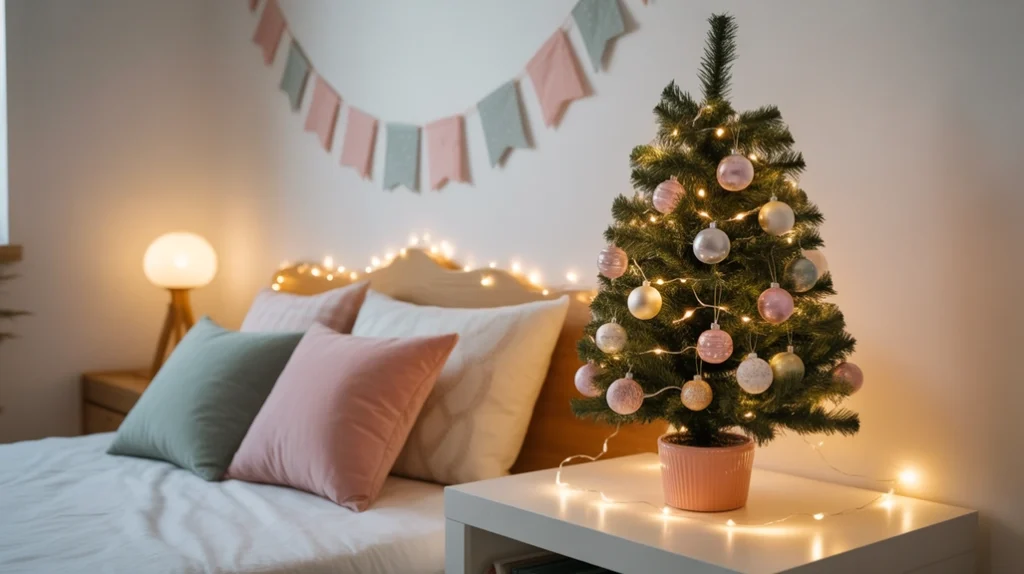 mini Christmas tree decorated with fairy lights in a playful kids bedroom