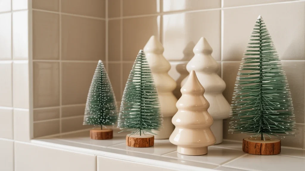 mini Christmas trees styled on bathroom shelf for a festive winter display