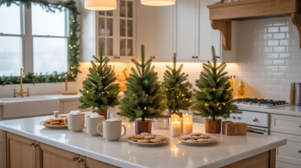 Mini Christmas trees on kitchen counters adding cozy festive charm