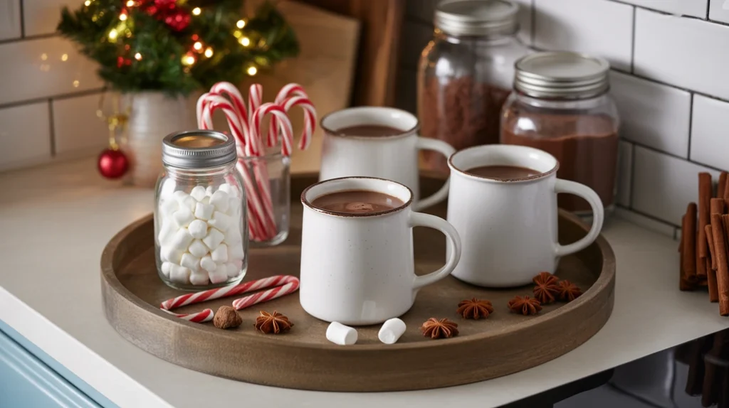 Hot cocoa bar on kitchen counter with jars of marshmallows, candy canes, and cocoa powder for cozy holiday kitchen decor