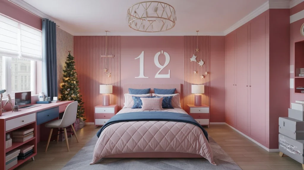 Modern teen bedroom decorated with pink, gold, and silver Christmas tones for a stylish festive look