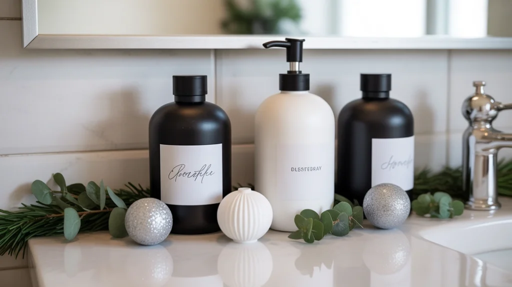 monochrome bathroom counter decorated with black jars, white soap dispenser, and subtle holiday details