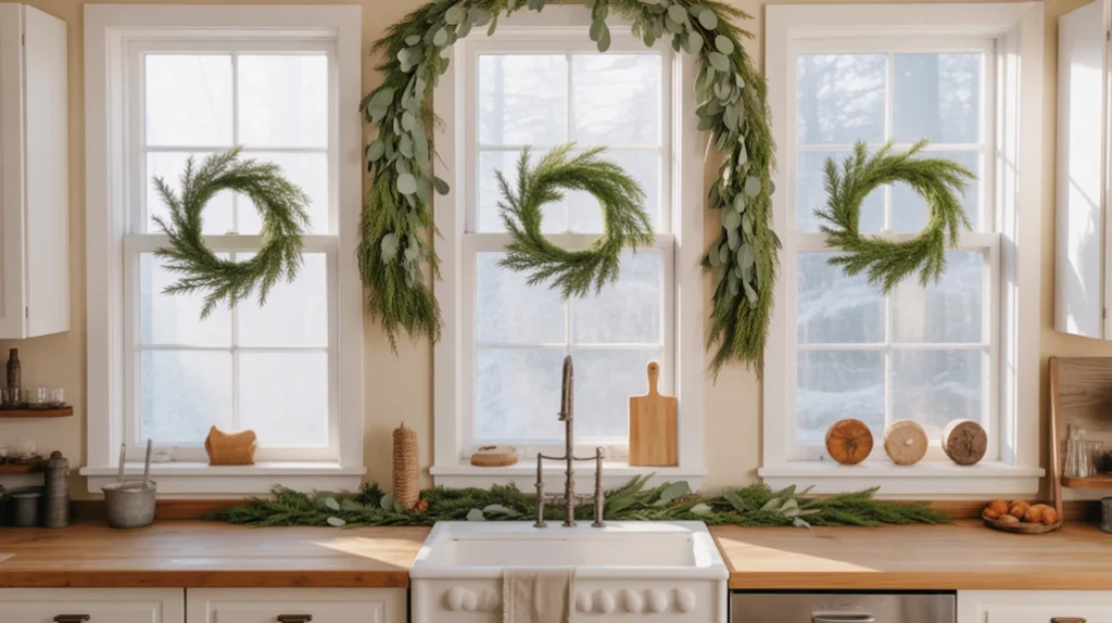 pine and eucalyptus garlands decorating cozy christmas kitchen shelves for a natural look