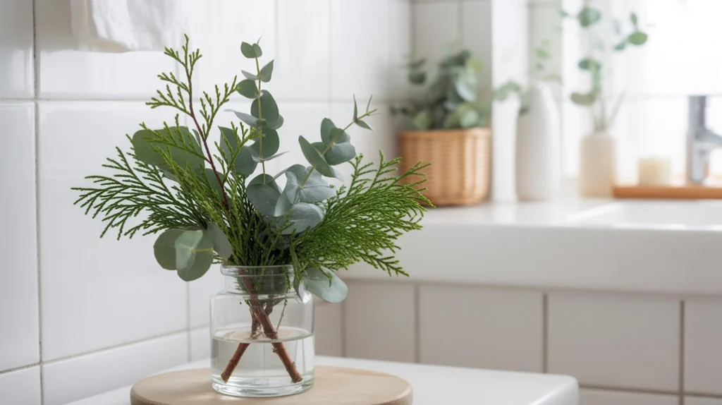 Natural pine and eucalyptus greenery adding a soft Hygge Christmas touch to a winter bathroom.