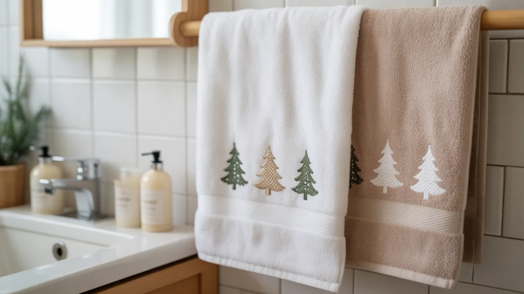 cream and beige christmas towels hanging in a cozy neutral bathroom