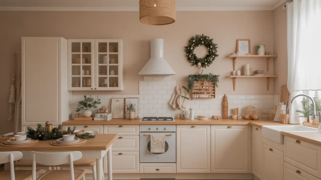 Neutral minimalist Christmas kitchen with beige and white tones, simple holiday color palette and wooden accents
