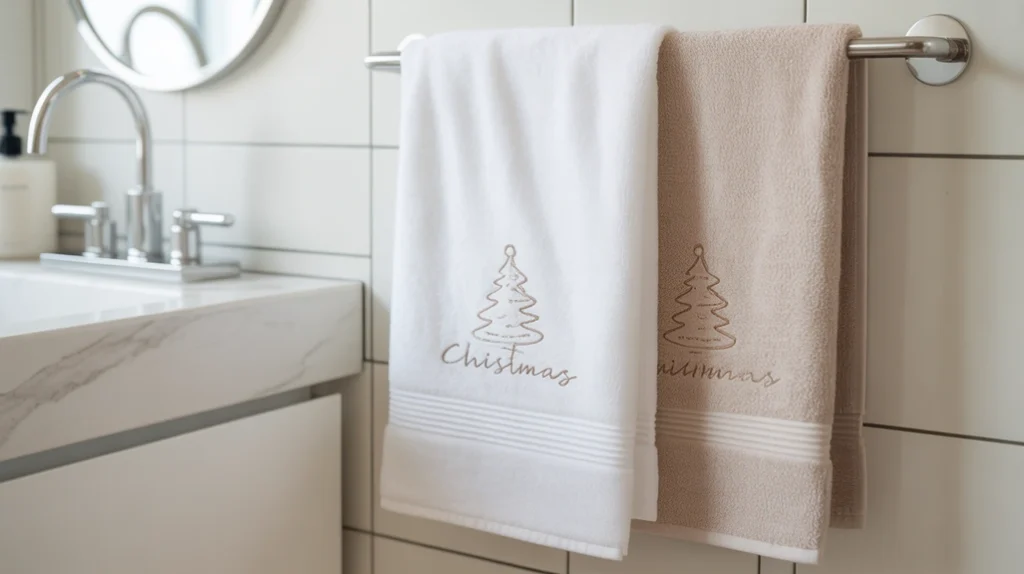 neutral christmas towels with subtle winter embroidery hanging in a modern minimalist bathroom