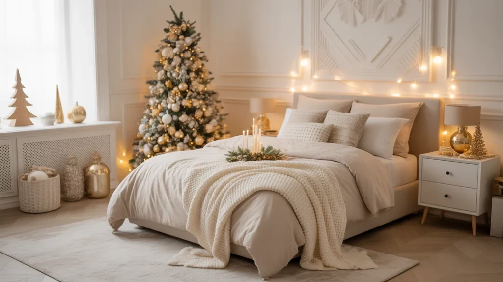 Neutral holiday bedroom decor with beige tones and golden accents